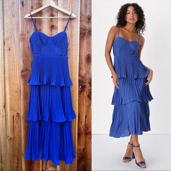 Cobalt Blue Bustier Pleated Tiered Chiffon Midi Dress 🌿 - Picture 1 of 9